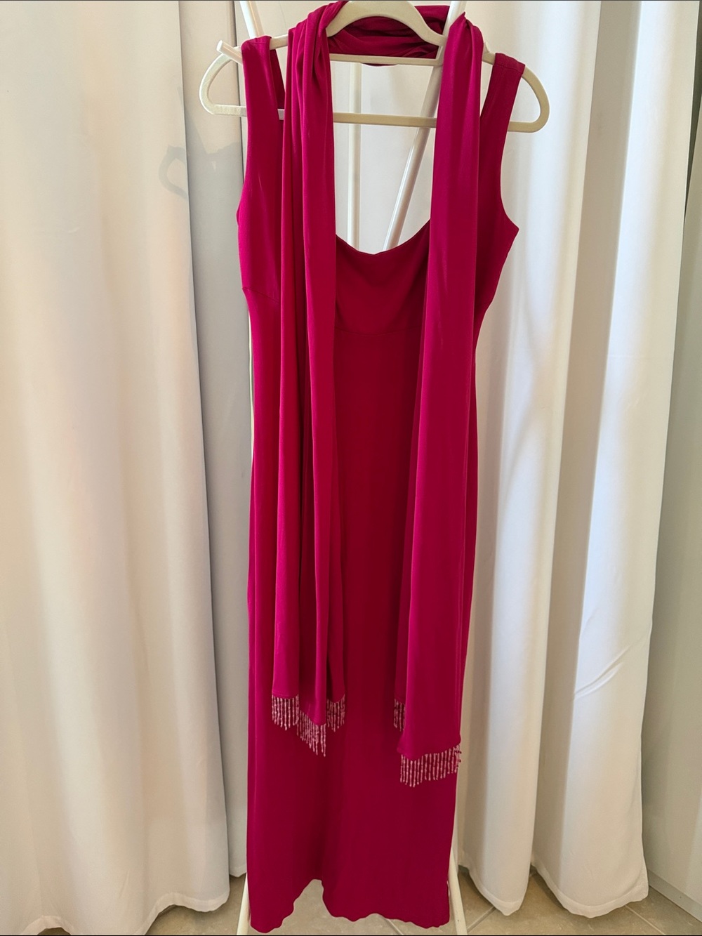Sleeveless Magenta Maxi Dress with Matching Beaded Scarf